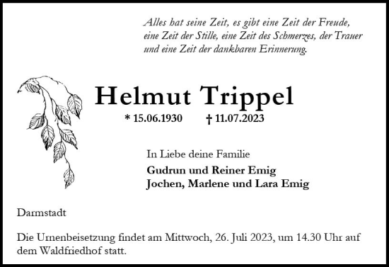 Traueranzeige von Helmut Trippel von Darmstädter Echo