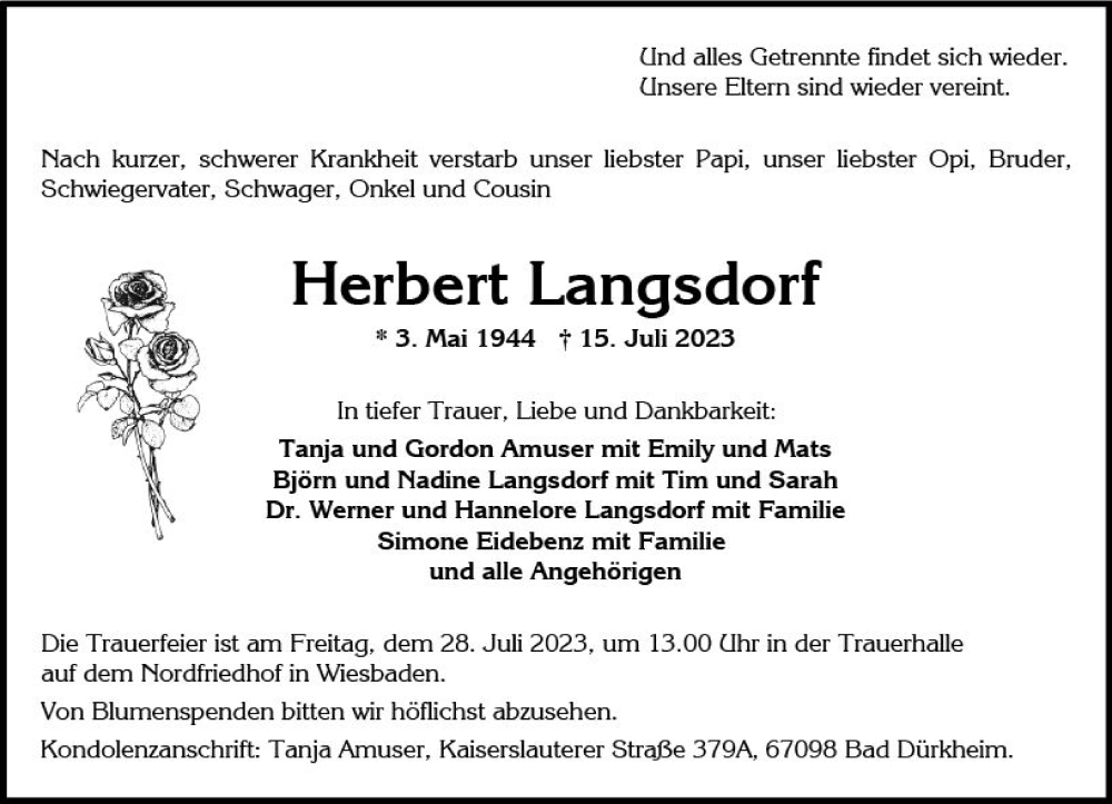  Traueranzeige für Herbert Langsdorf vom 22.07.2023 aus Wiesbadener Kurier