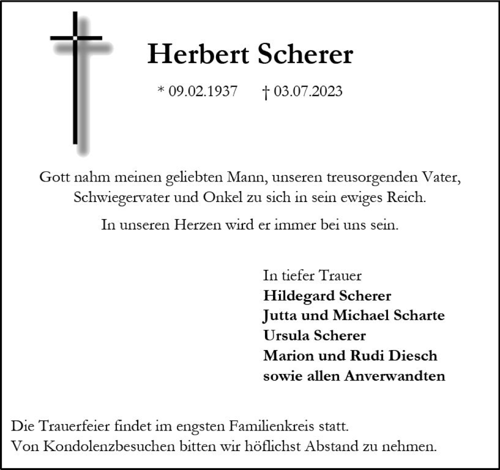  Traueranzeige für Herbert Scherer vom 08.07.2023 aus Allgemeine Zeitung Alzey