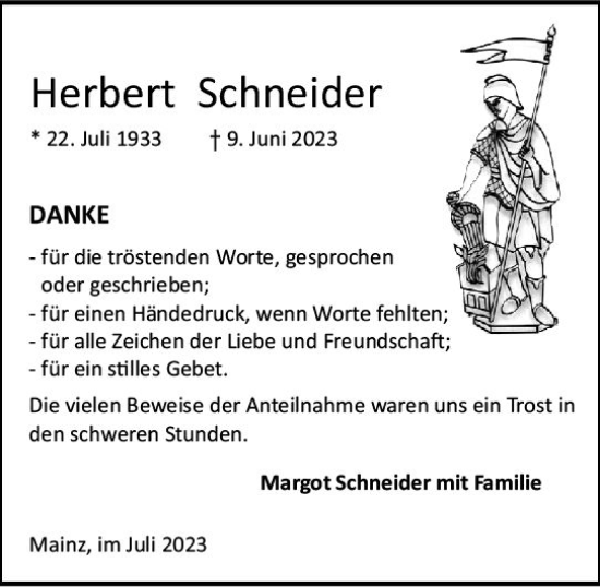 Traueranzeige von Herbert Schneider von Allgemeine Zeitung Mainz