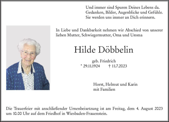 Traueranzeige von Hilde Döbbelin von Wiesbadener Kurier