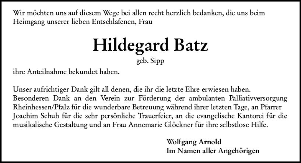  Traueranzeige für Hildegard Batz vom 08.07.2023 aus Allgemeine Zeitung Alzey