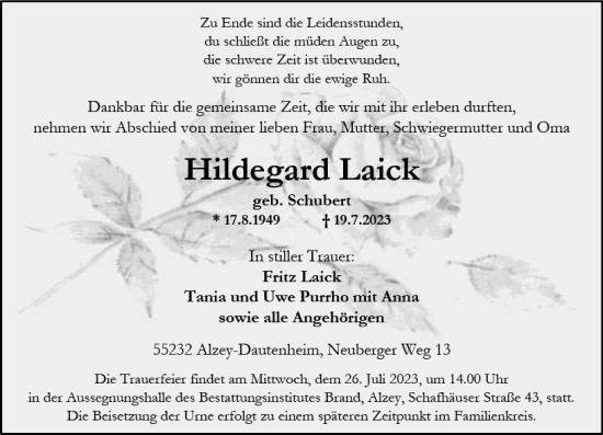 Traueranzeige von Hildegard Laick von Allgemeine Zeitung Alzey