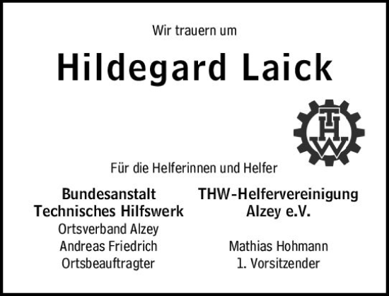 Traueranzeige von Hildegard Laick von Allgemeine Zeitung Alzey