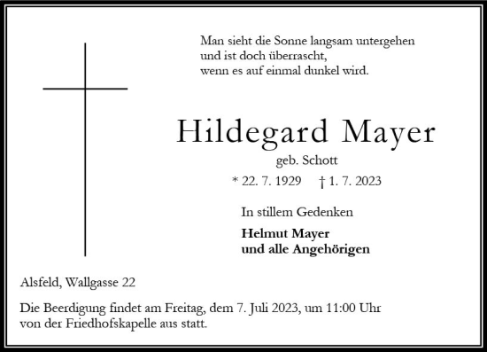 Traueranzeige von Hildegard Mayer von VRM Trauer