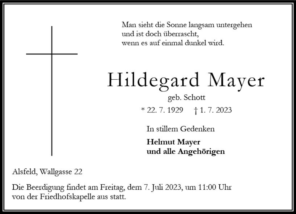  Traueranzeige für Hildegard Mayer vom 04.07.2023 aus VRM Trauer