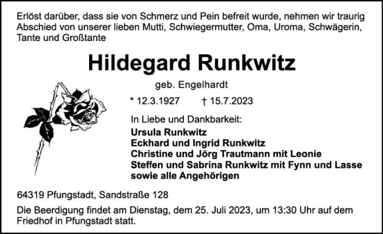 Traueranzeige von Hildegard Runkwitz von Darmstädter Echo