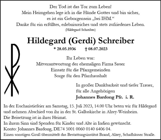 Traueranzeige von Hildegard Schreiber von Allgemeine Zeitung Alzey