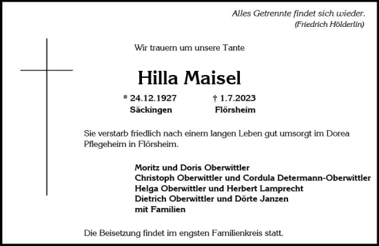 Traueranzeige von Hilla Maisel von Darmstädter Echo
