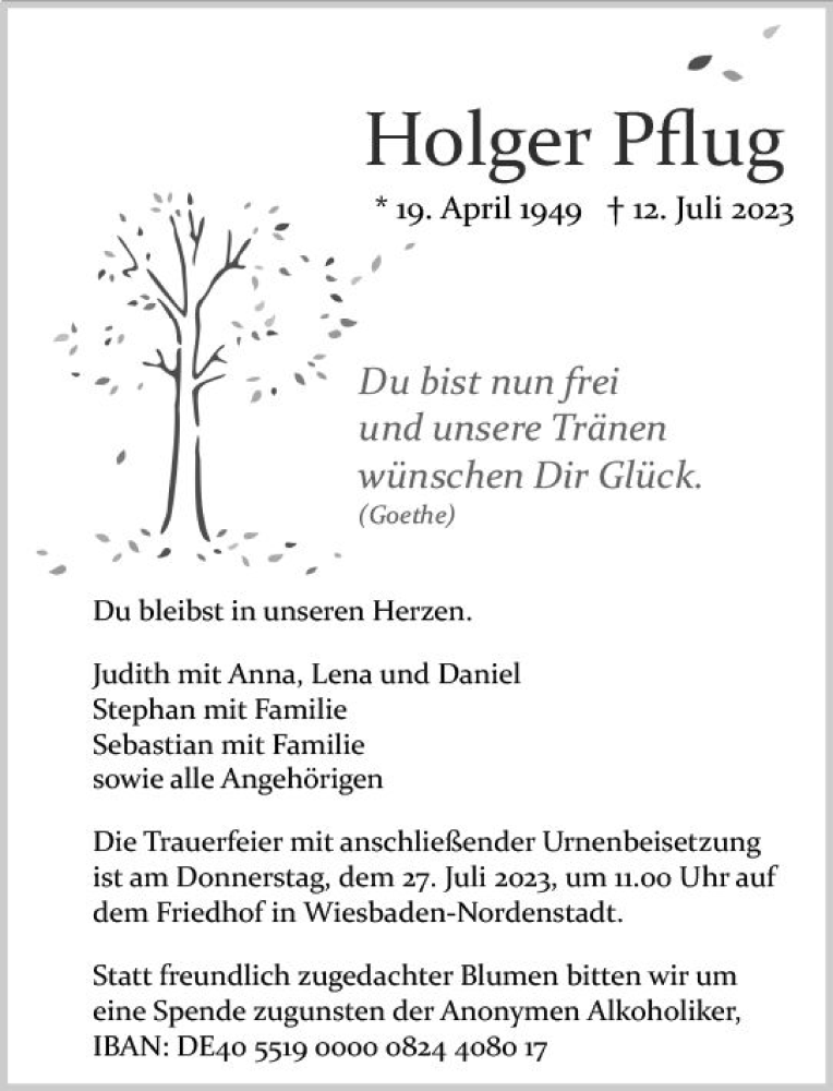  Traueranzeige für Holger Pflug vom 22.07.2023 aus Wiesbadener Kurier
