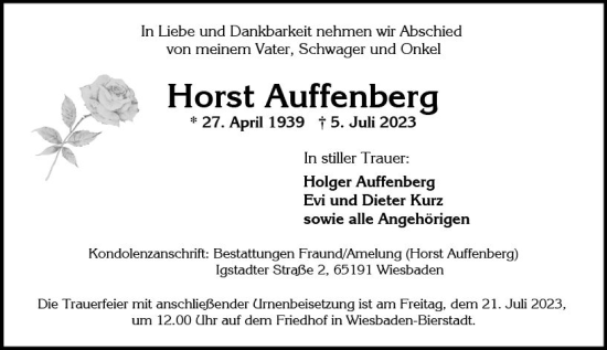 Traueranzeige von Horst Auffenberg von Wiesbadener Kurier