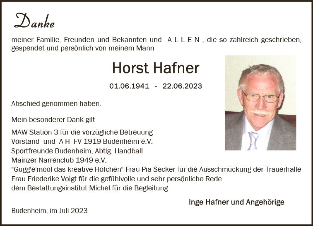 Traueranzeige für Horst Hafner vom 29.07.2023 aus Allgemeine Zeitung Mainz
