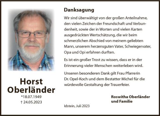 Traueranzeige von Horst Oberländer von Wiesbadener Kurier