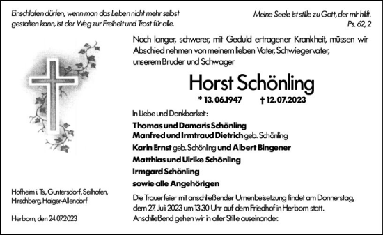 Traueranzeige von Horst Schönling von Dill Block