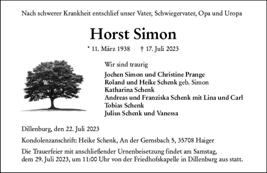 Traueranzeige von Horst Simon von Dill Block