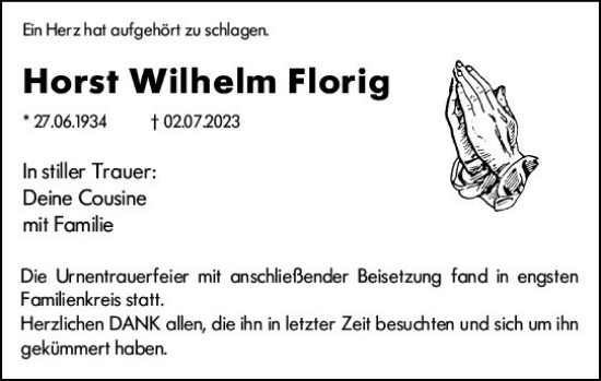 Traueranzeige von Horst Wilhelm Florig von Darmstädter Echo