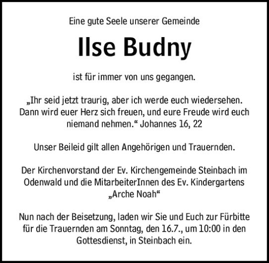 Traueranzeige von Ilse Budny von Odenwälder Echo
