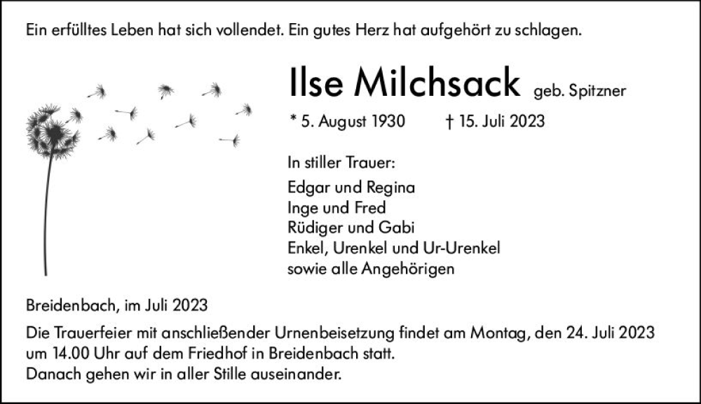  Traueranzeige für Ilse Milchsack vom 19.07.2023 aus Hinterländer Anzeiger