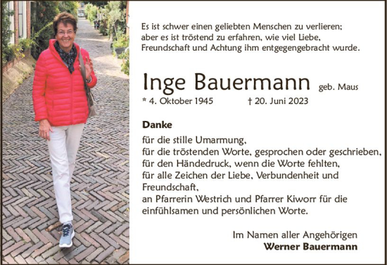 Traueranzeige von Inge Bauermann von Allgemeine Zeitung Mainz