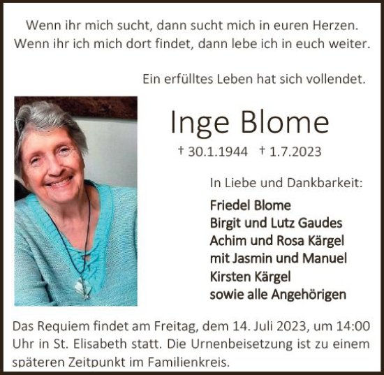 Traueranzeige von Inge Blome von Darmstädter Echo