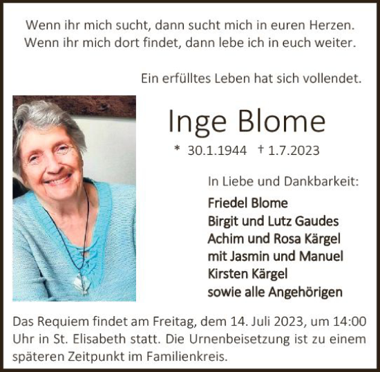 Traueranzeige von Inge Blome von Darmstädter Echo