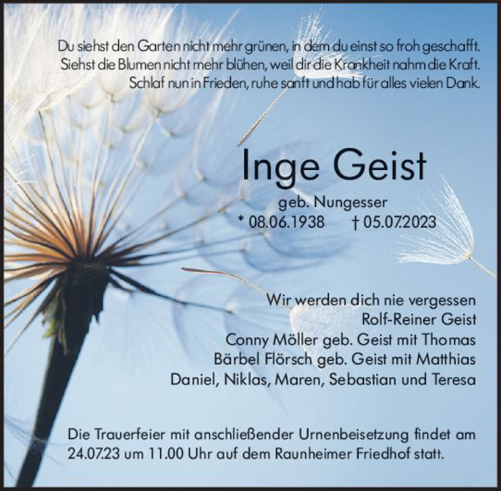  Traueranzeige für Inge Geist vom 15.07.2023 aus Rüsselsheimer Echo