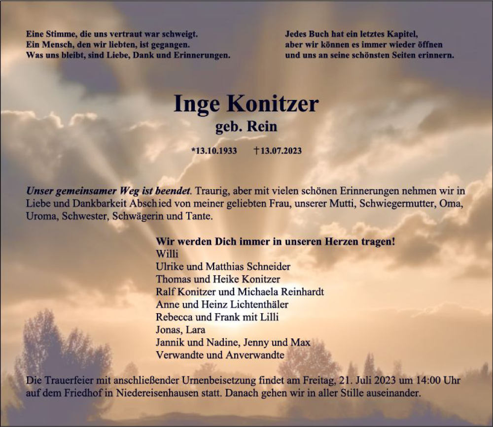  Traueranzeige für Inge Konitzer vom 19.07.2023 aus Hinterländer Anzeiger