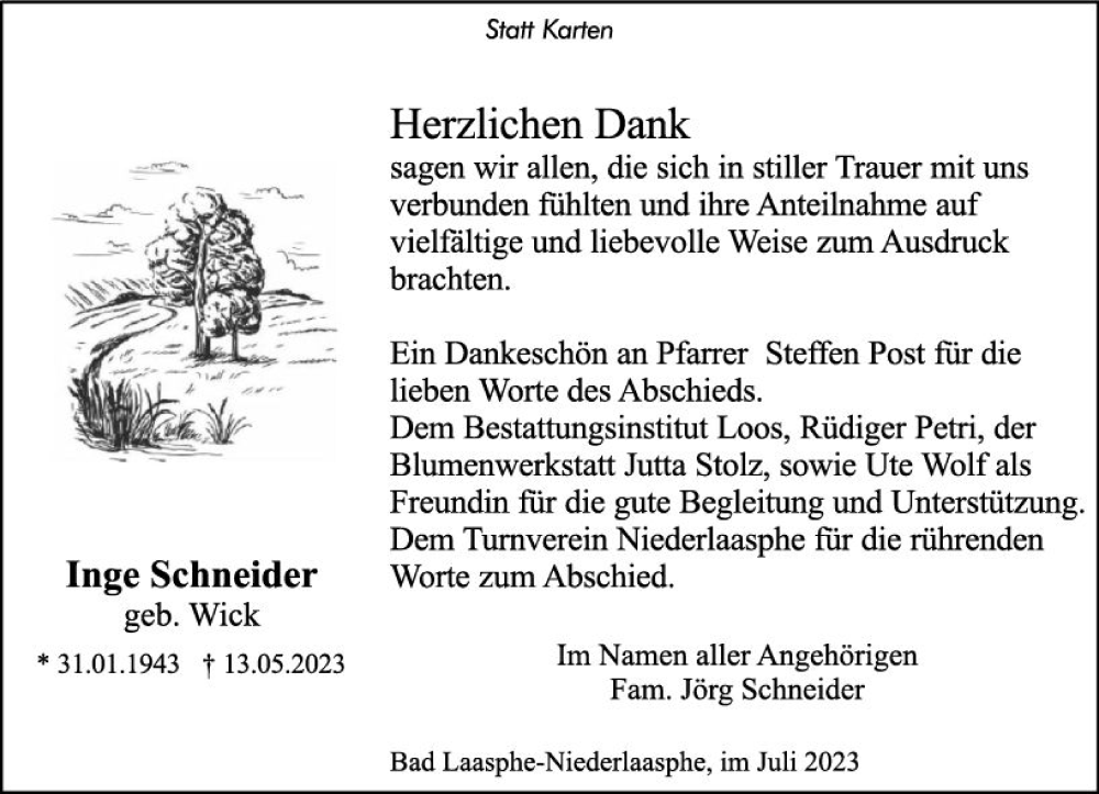  Traueranzeige für Inge Schneider vom 08.07.2023 aus Hinterländer Anzeiger