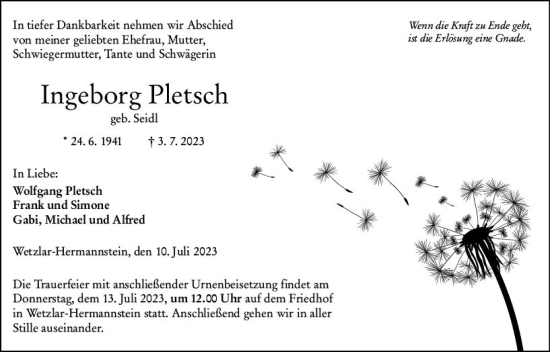Traueranzeige von Ingeborg Pletsch von Wetzlarer Neue Zeitung