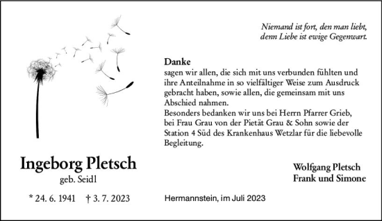 Traueranzeige von Ingeborg Pletsch von Wetzlarer Neue Zeitung