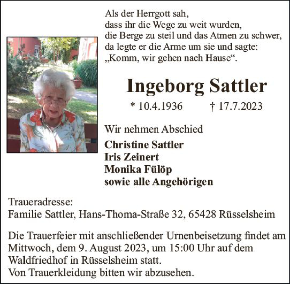  Traueranzeige für Ingeborg Sattler vom 29.07.2023 aus Rüsselsheimer Echo