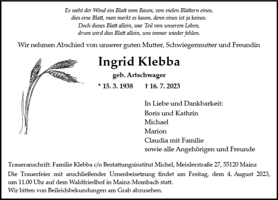 Traueranzeige von Ingrid Klebba von Allgemeine Zeitung Mainz