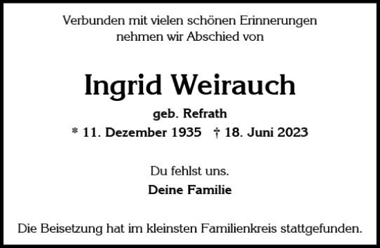 Traueranzeige von Ingrid Weirauch von Wiesbadener Kurier