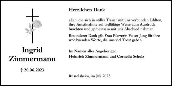 Traueranzeige von Ingrid Zimmermann von Rüsselsheimer Echo