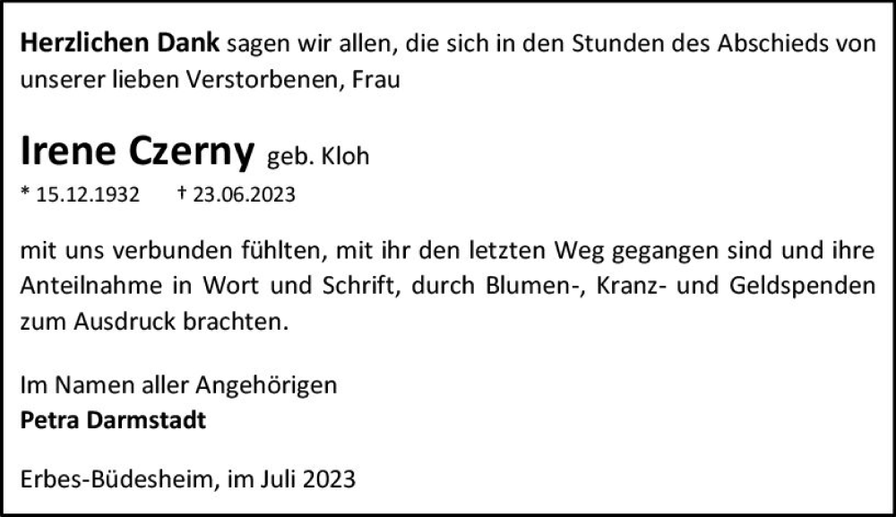  Traueranzeige für Irene Czerny vom 29.07.2023 aus Allgemeine Zeitung Alzey