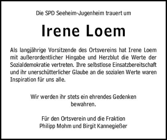 Traueranzeige von Irene Loem von Darmstädter Echo
