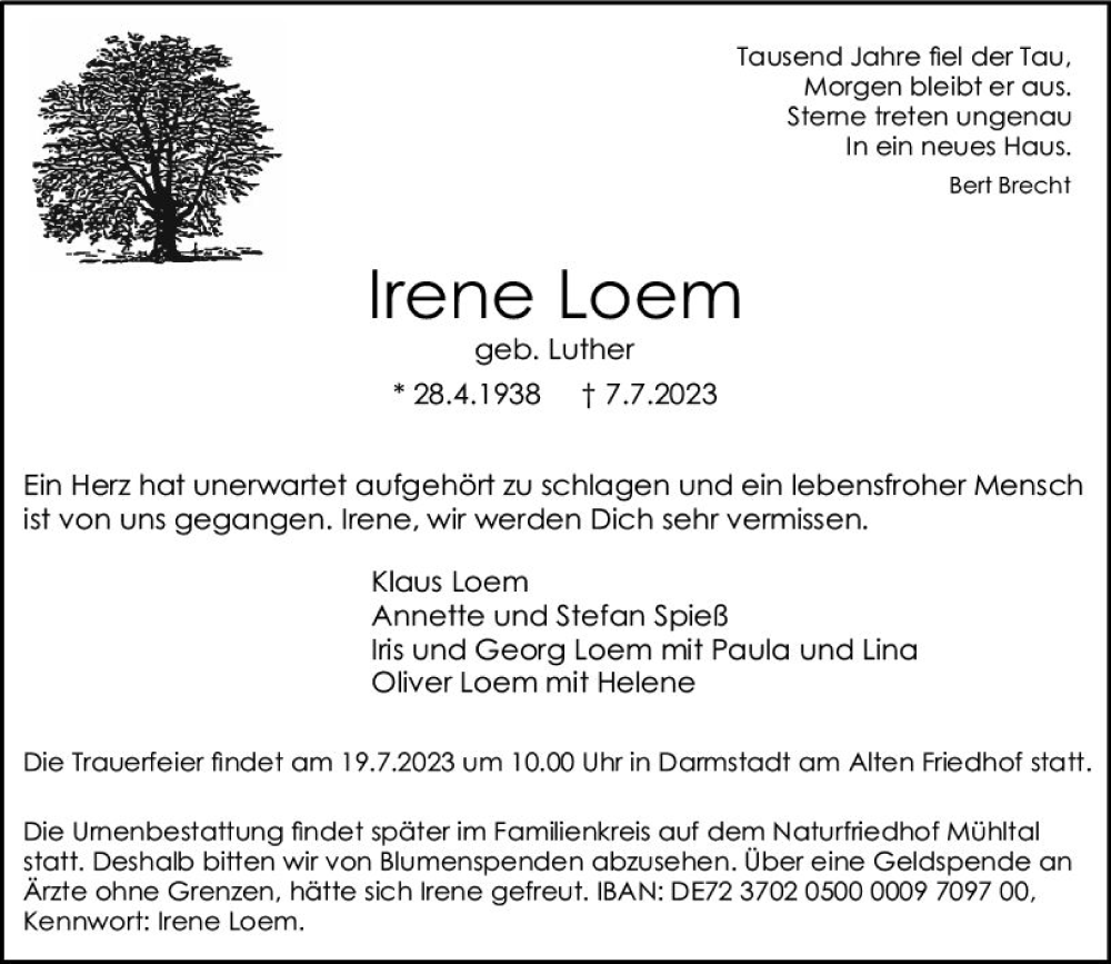  Traueranzeige für Irene Loem vom 15.07.2023 aus Darmstädter Echo