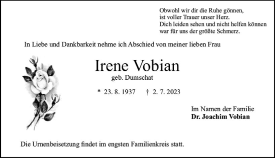 Traueranzeige von Irene Vobian von Darmstädter Echo