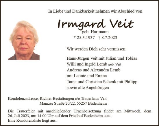 Traueranzeige von Irmgard Veit von Allgemeine Zeitung Mainz