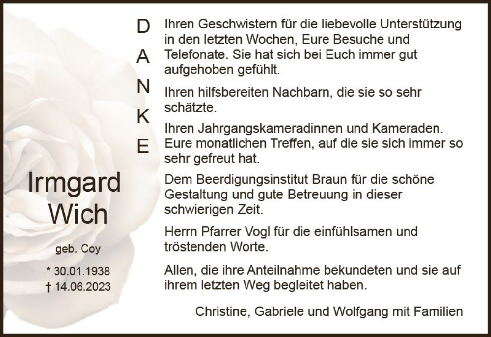  Traueranzeige für Irmgard Wich vom 15.07.2023 aus Dieburger Anzeiger/Groß-Zimmerner Lokal-Anzeiger