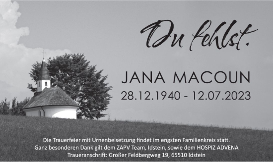 Traueranzeige von Jana Macoun von Idsteiner Land/Untertaunus