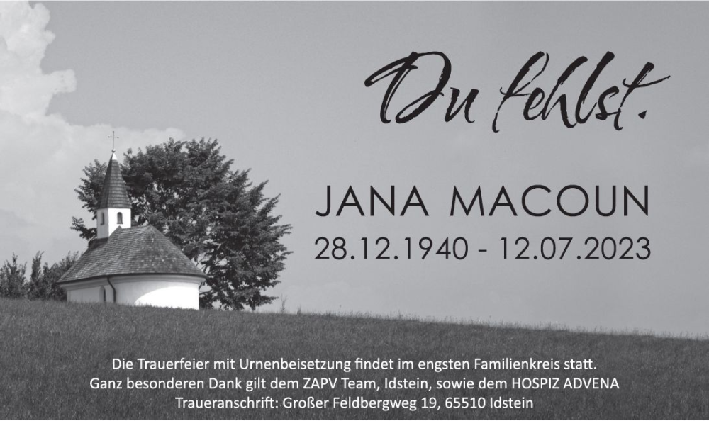  Traueranzeige für Jana Macoun vom 22.07.2023 aus Idsteiner Land/Untertaunus