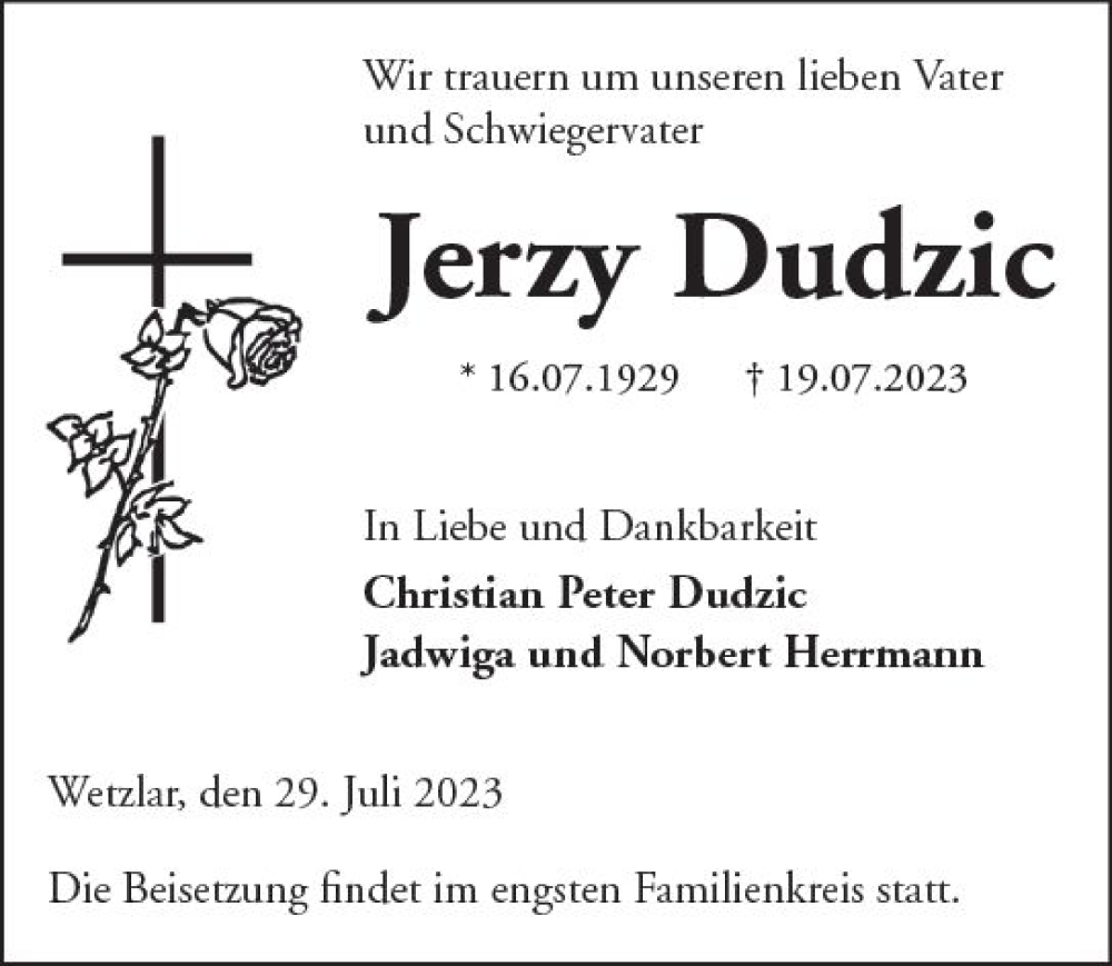  Traueranzeige für Jerzy Dudzic vom 29.07.2023 aus Wetzlarer Neue Zeitung