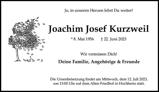 Traueranzeige von Joachim Josef Kurzweil von Hochheimer Zeitung