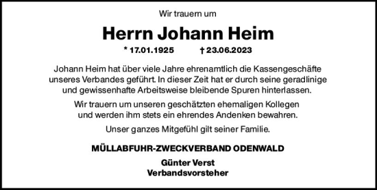 Traueranzeige von Johann Heim von Odenwälder Echo
