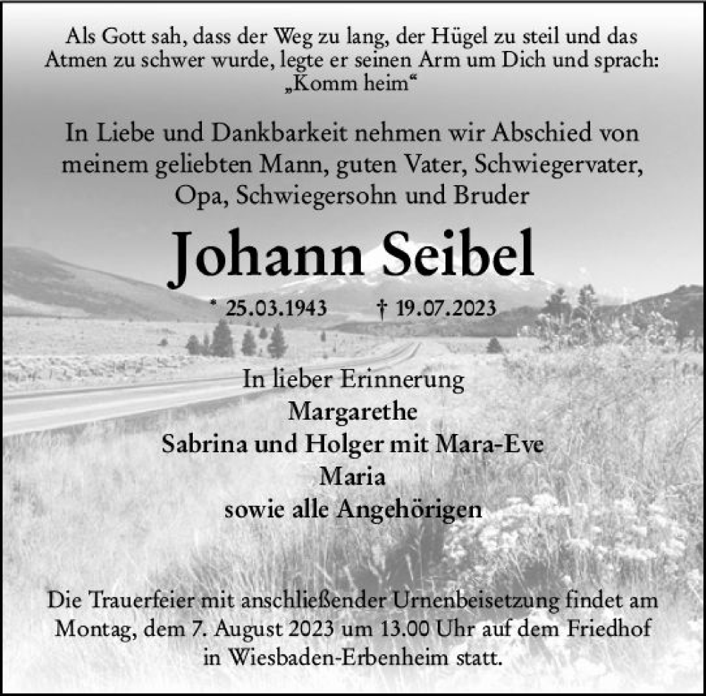  Traueranzeige für Johann Seibel vom 29.07.2023 aus Wiesbadener Kurier