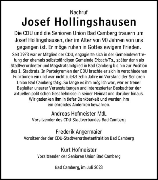 Traueranzeige von Josef Hollingshausen von Camberger Anzeiger
