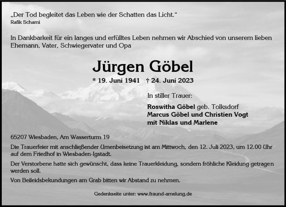  Traueranzeige für Jürgen Göbel vom 08.07.2023 aus Wiesbadener Kurier