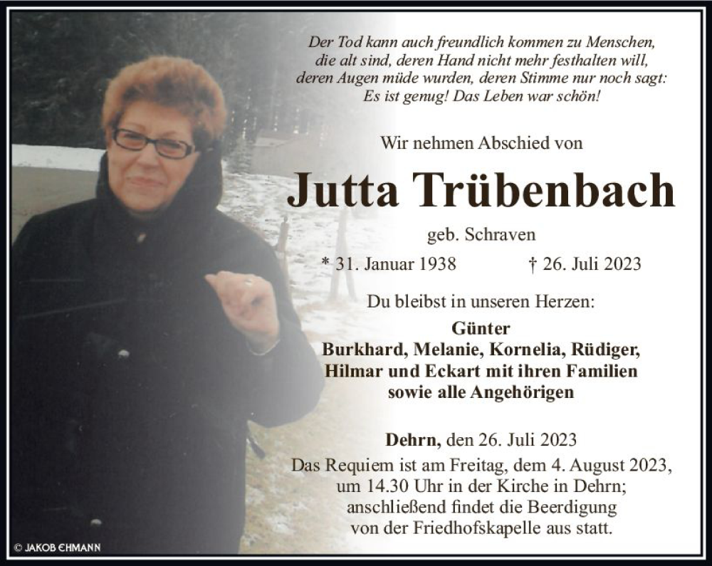  Traueranzeige für Jutta Trübenbach vom 29.07.2023 aus Nassauische Neue Presse