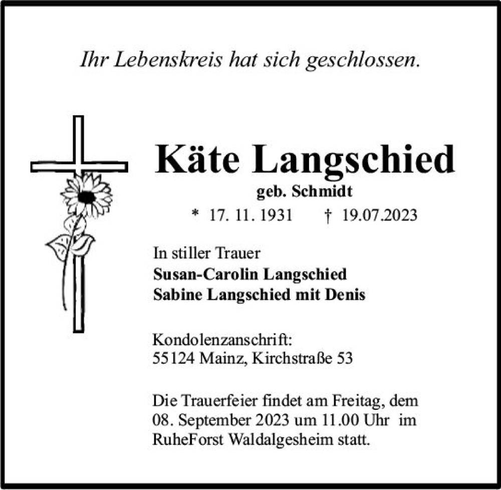  Traueranzeige für Käte Langschied vom 29.07.2023 aus Allgemeine Zeitung Bingen/Ingelheim